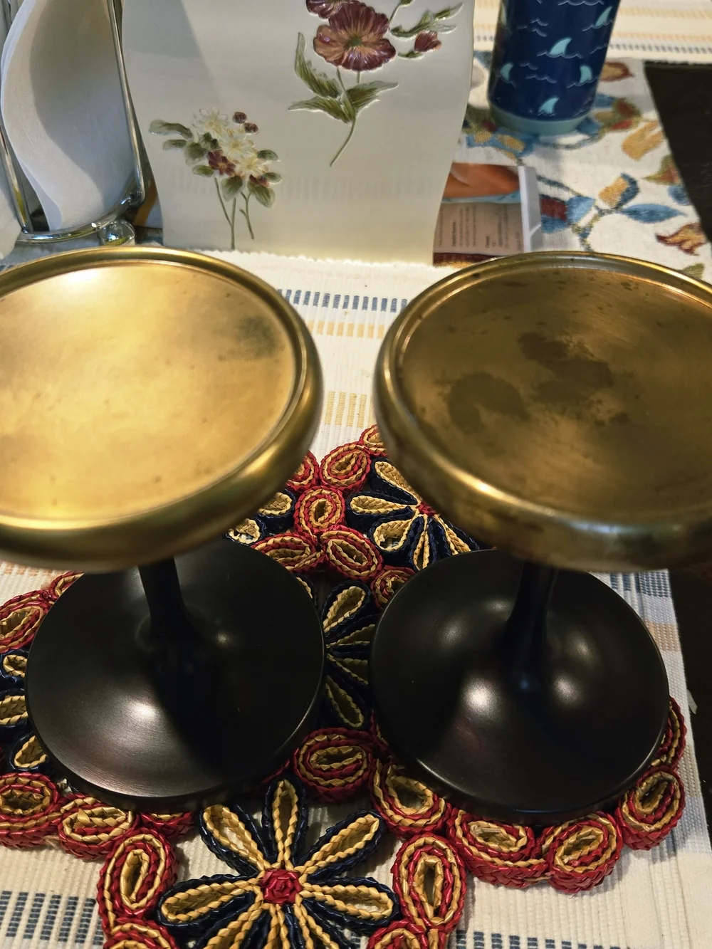 Crate&Barrel Black and Gold Round Pedestal Candle Holders (Pair)